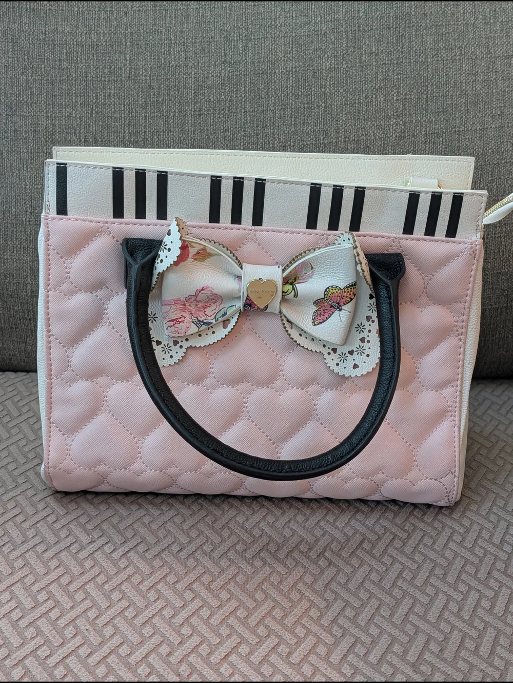 Betsey Johnson Pink Quilted Satchel with Floral Bow and Black Handles